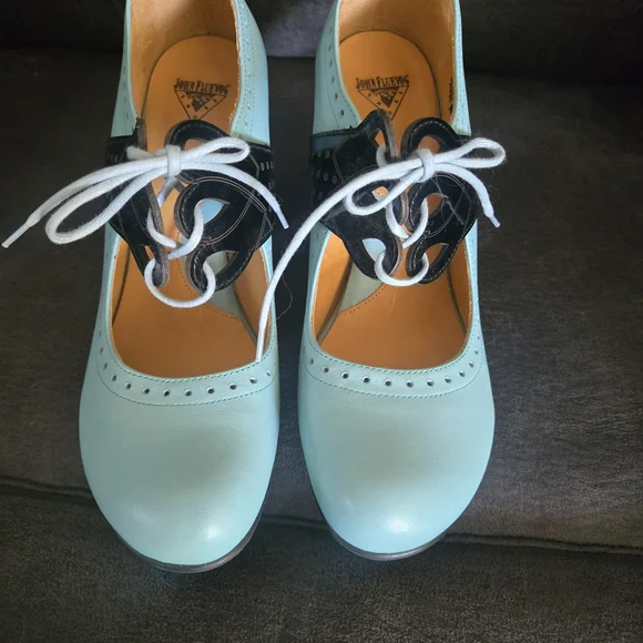 John Fluevog Bellevue Mollie Johnson Lace Up Aqua and Black Heels - Picture 2 of 7